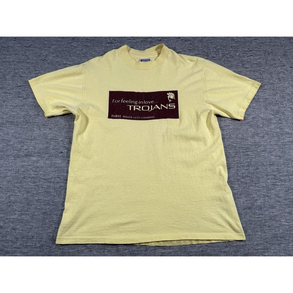 Vintage Trojan Condom Shirt Mens Large Yellow Hanes Beefy Single Stitch USA Made - Picture 1 of 14